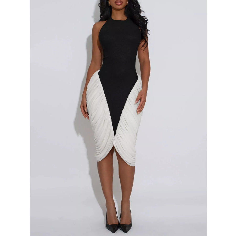 Two-Tone Sleeveless Ruched Midi Dress Black / S Apparel and Accessories