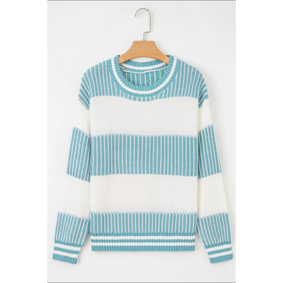 Two Tone Striped Patchwork Drop Shoulder Loose Sweater Apparel and Accessories