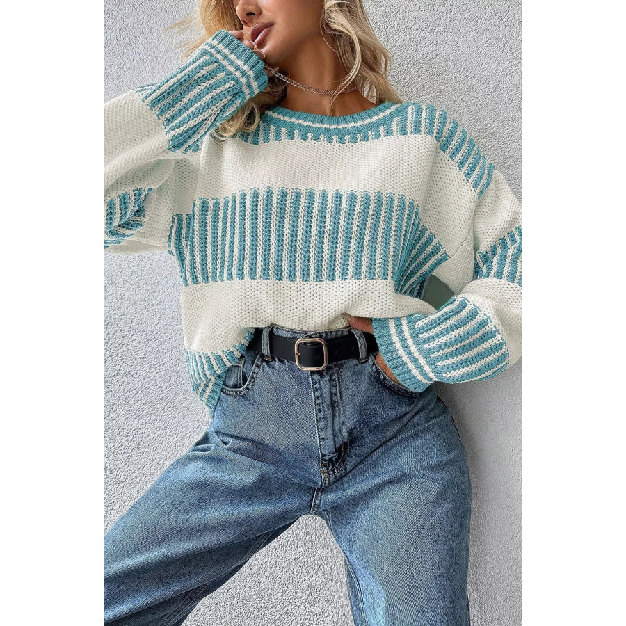Two Tone Striped Patchwork Drop Shoulder Loose Sweater Apparel and Accessories