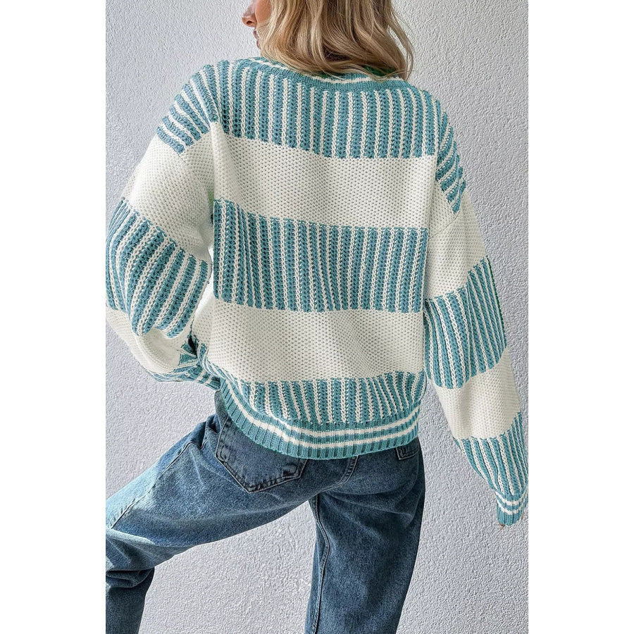Two Tone Striped Patchwork Drop Shoulder Loose Sweater Pastel Blue / S Apparel and Accessories