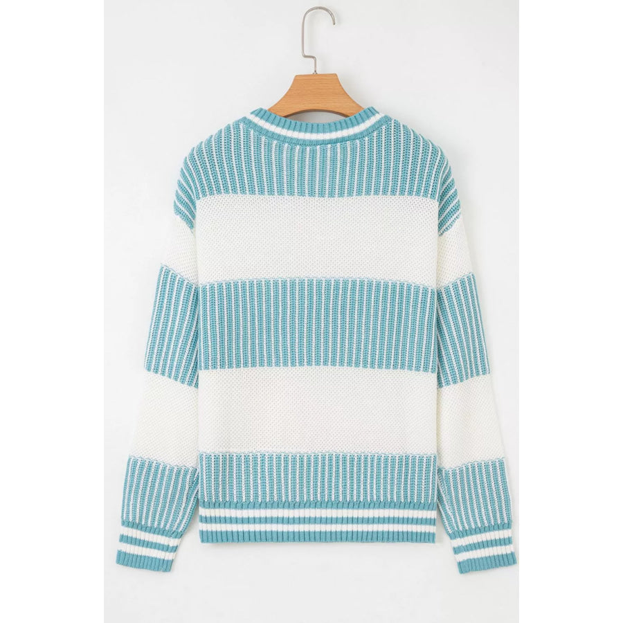Two Tone Striped Patchwork Drop Shoulder Loose Sweater Apparel and Accessories