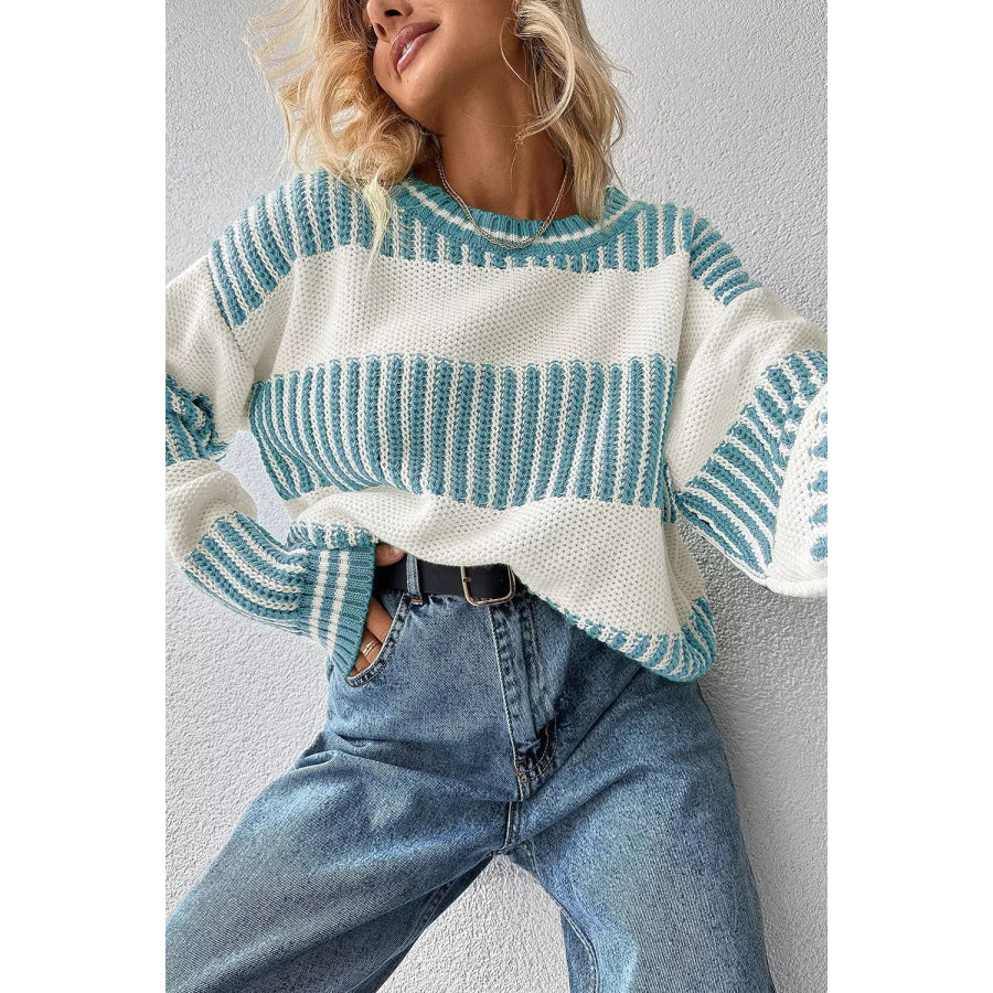 Two Tone Striped Patchwork Drop Shoulder Loose Sweater Apparel and Accessories