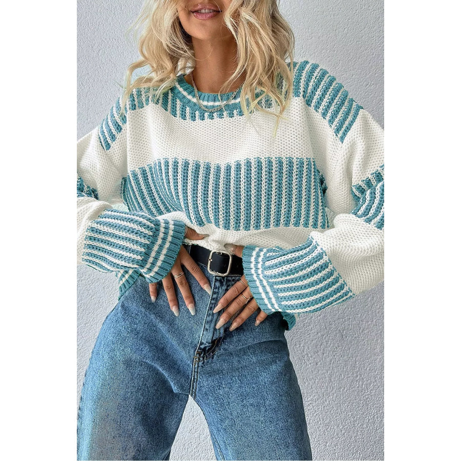 Two Tone Striped Patchwork Drop Shoulder Loose Sweater Pastel Blue / S Apparel and Accessories