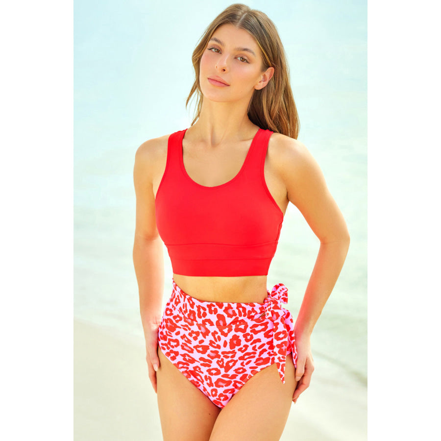 Two-Tone Tied Two-Piece Swimsuit Red / S Apparel and Accessories