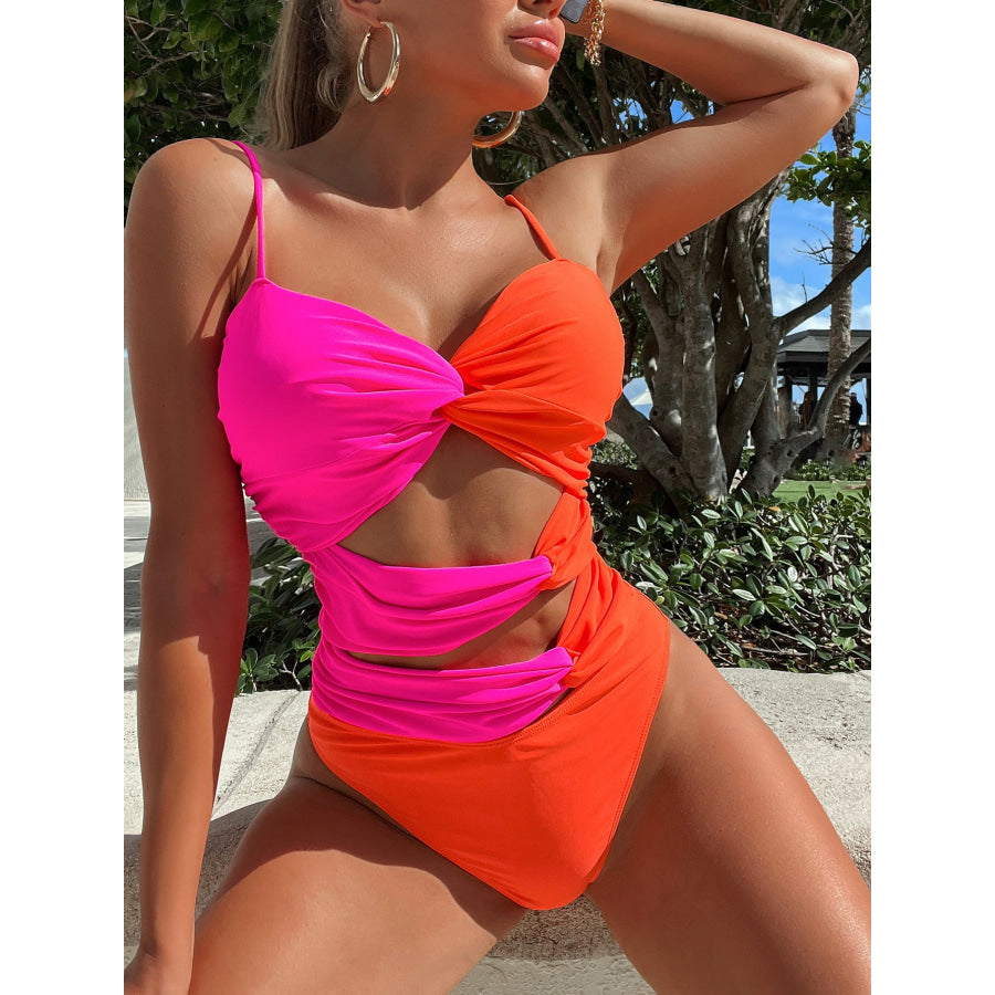 Two-Tone Twisted Cutout One-Piece Swimsuit Orange / S Apparel and Accessories