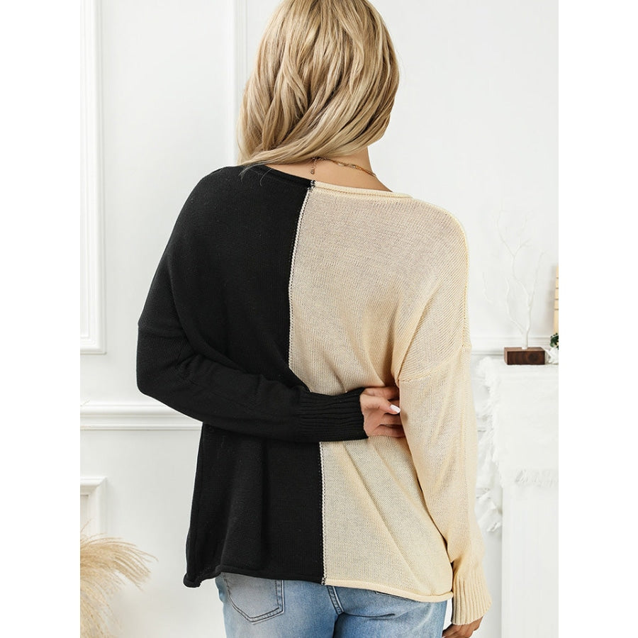 Two-Tone V-Neck Long Sleeve Knit Top