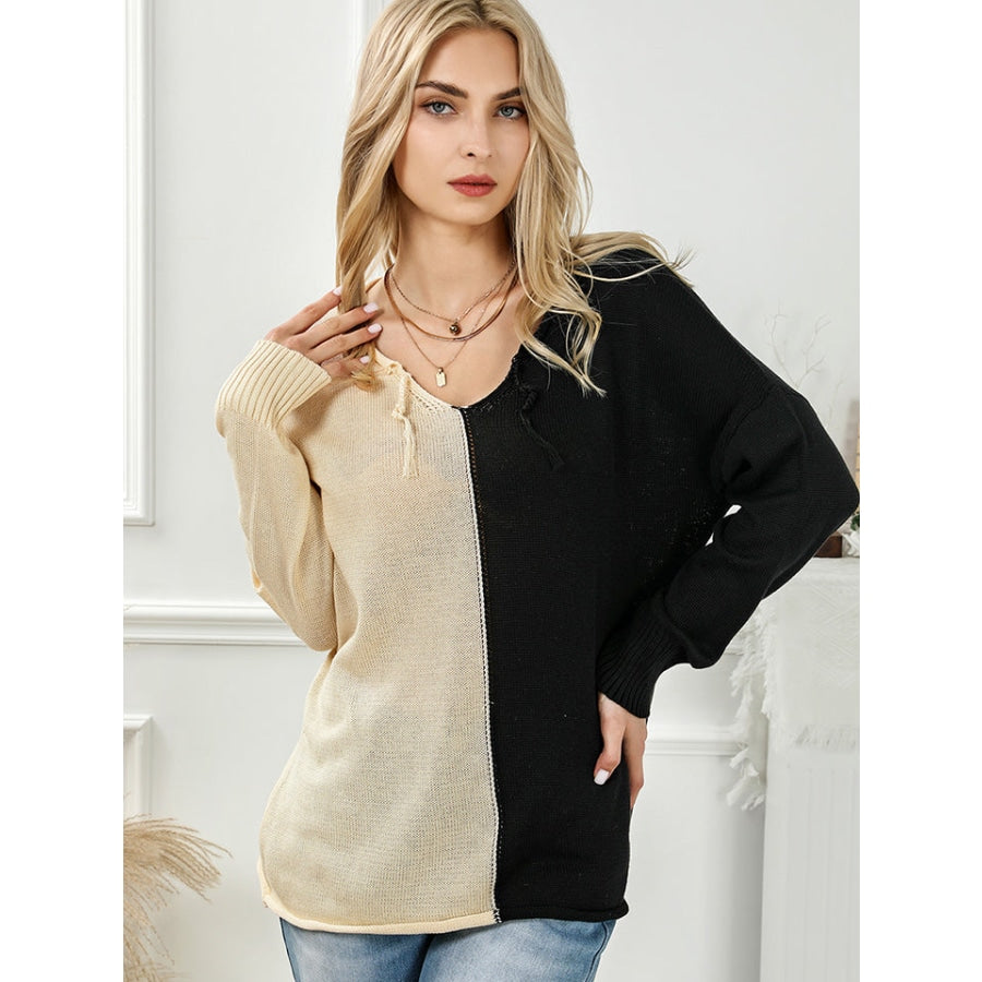 Two-Tone V-Neck Long Sleeve Knit Top