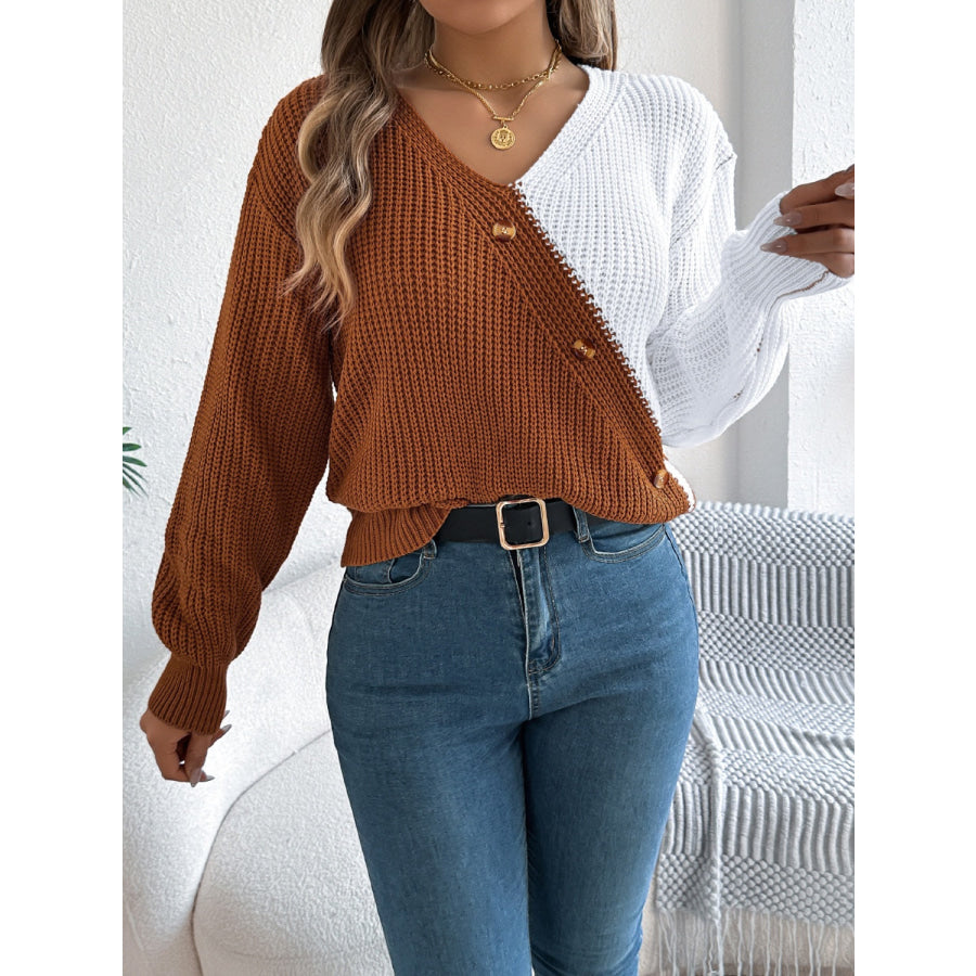 Two-Tone V-Neck Long Sleeve Sweater Apparel and Accessories