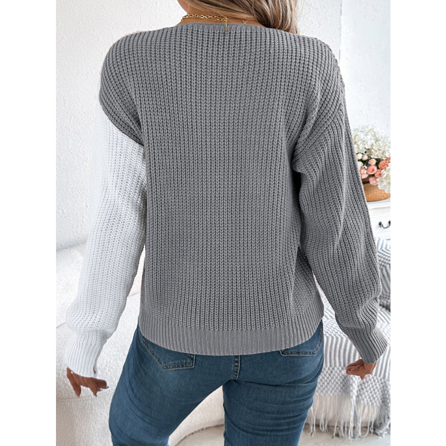 Two-Tone V-Neck Long Sleeve Sweater Apparel and Accessories