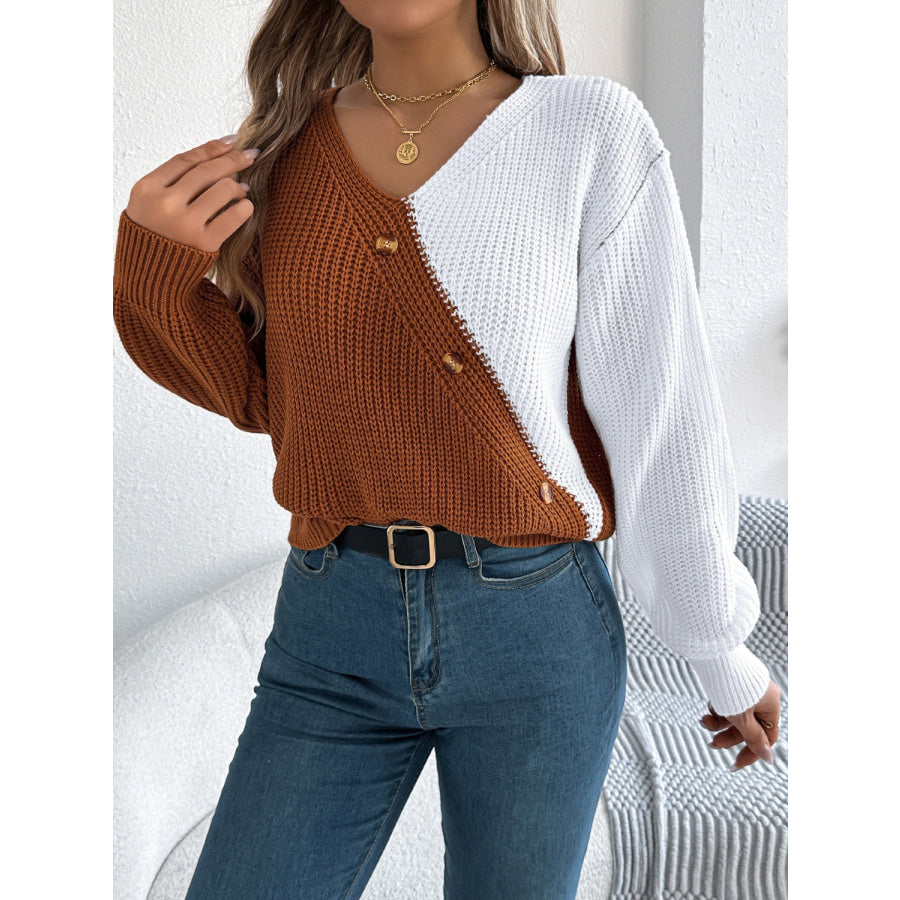 Two-Tone V-Neck Long Sleeve Sweater Apparel and Accessories