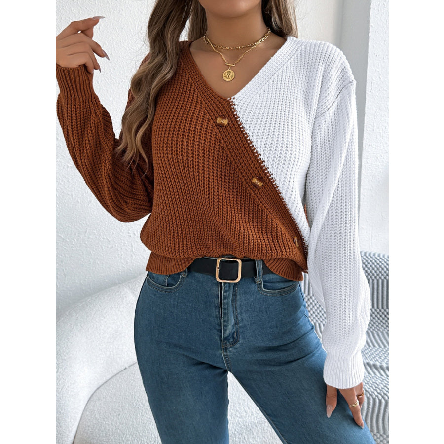 Two-Tone V-Neck Long Sleeve Sweater Apparel and Accessories