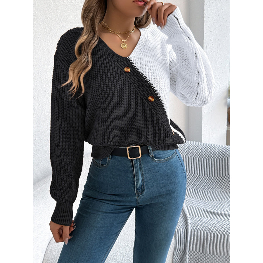 Two-Tone V-Neck Long Sleeve Sweater Apparel and Accessories