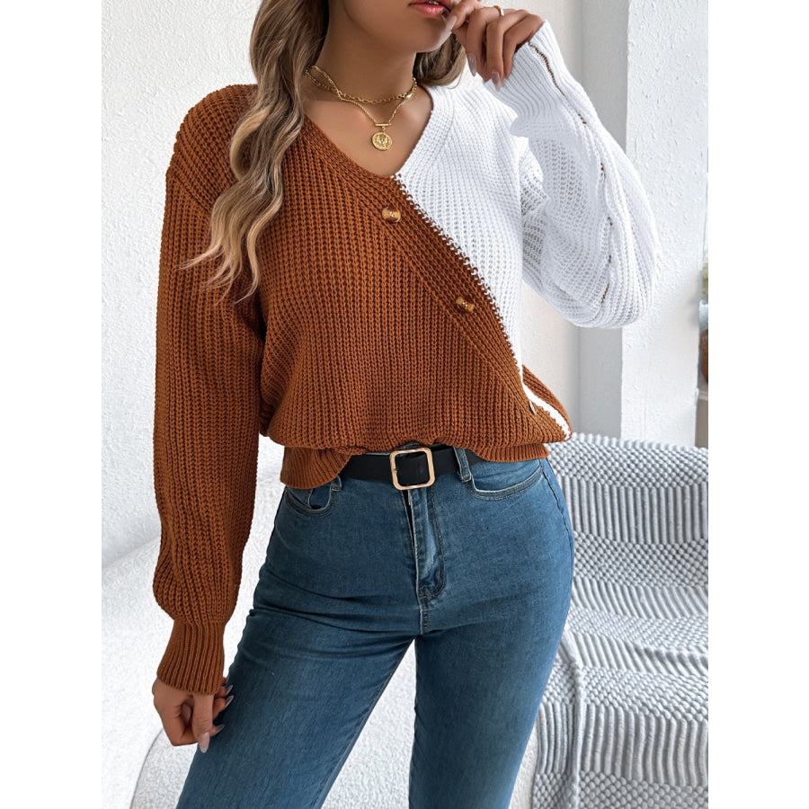 Two-Tone V-Neck Long Sleeve Sweater Apparel and Accessories