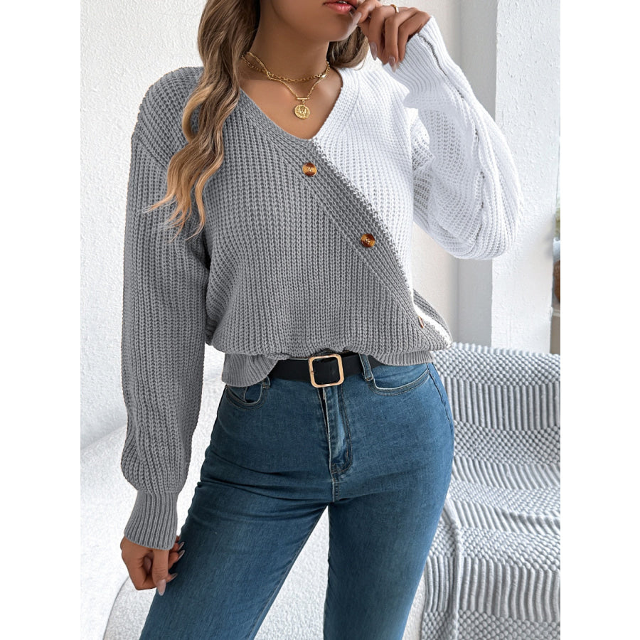 Two-Tone V-Neck Long Sleeve Sweater Apparel and Accessories