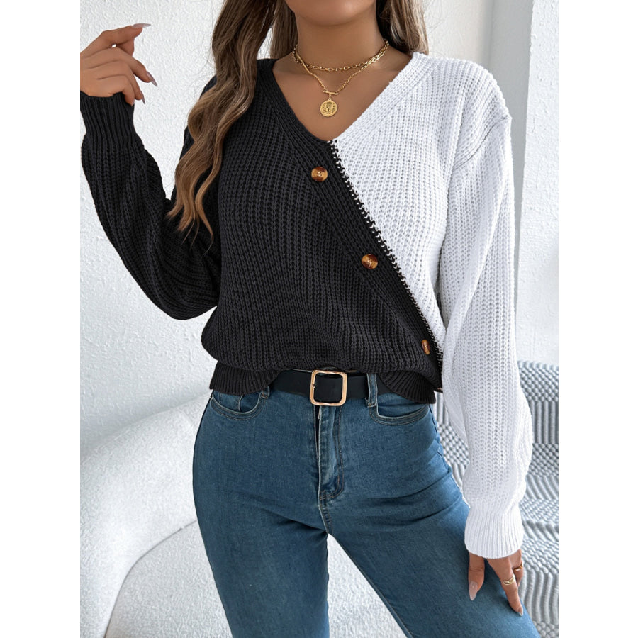 Two-Tone V-Neck Long Sleeve Sweater Apparel and Accessories