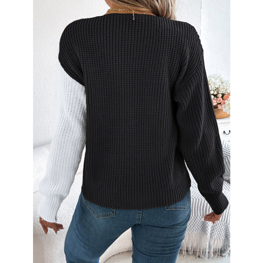 Two-Tone V-Neck Long Sleeve Sweater Apparel and Accessories