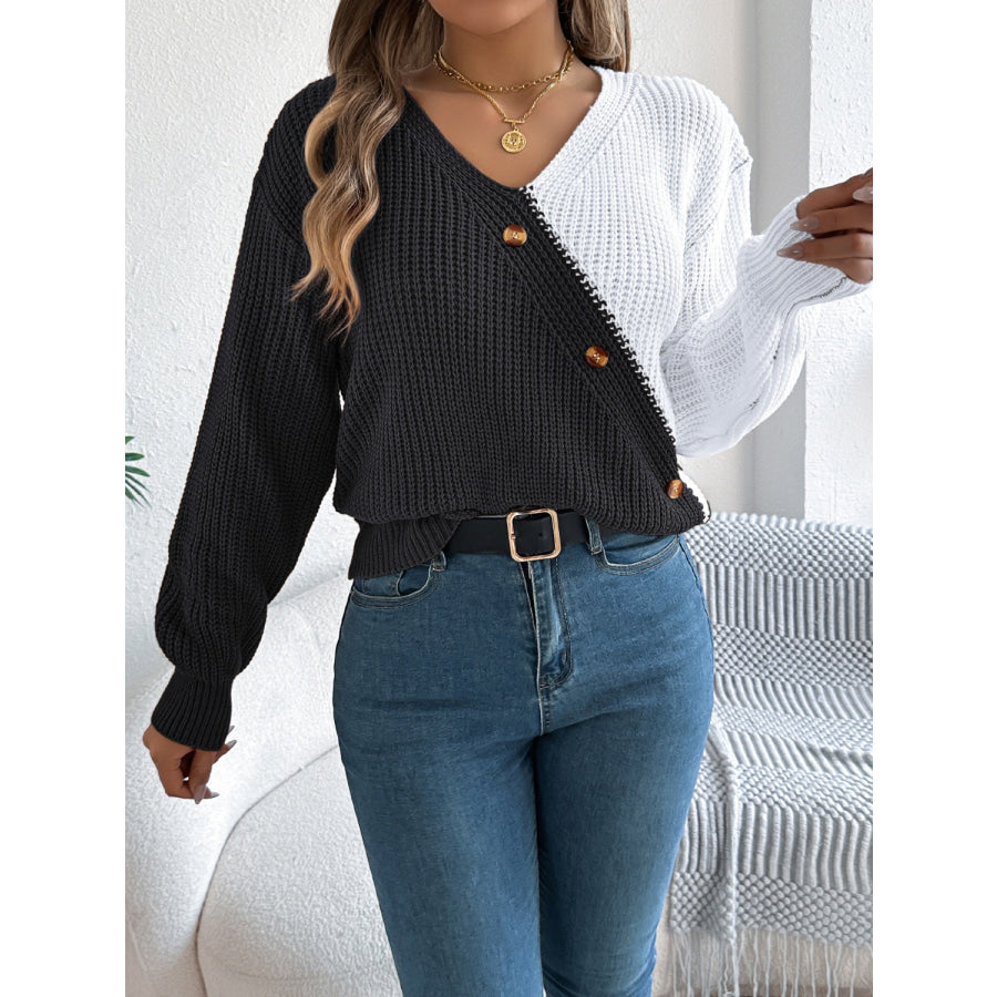 Two-Tone V-Neck Long Sleeve Sweater Apparel and Accessories