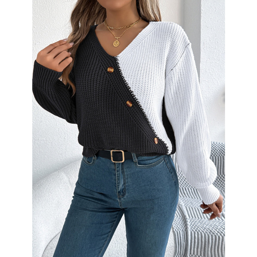 Two-Tone V-Neck Long Sleeve Sweater Apparel and Accessories