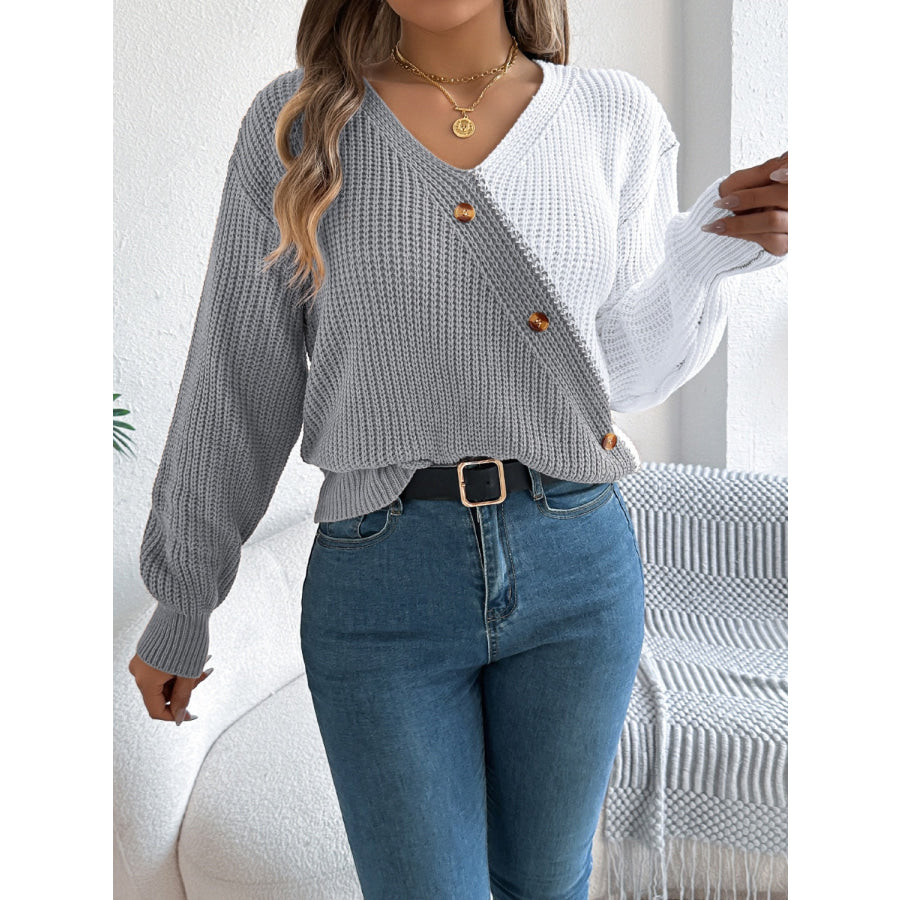 Two-Tone V-Neck Long Sleeve Sweater Apparel and Accessories