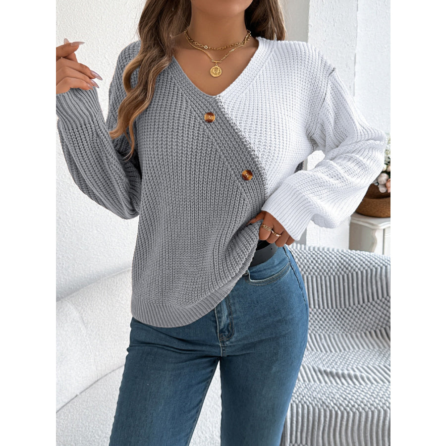 Two-Tone V-Neck Long Sleeve Sweater Gray / S Apparel and Accessories