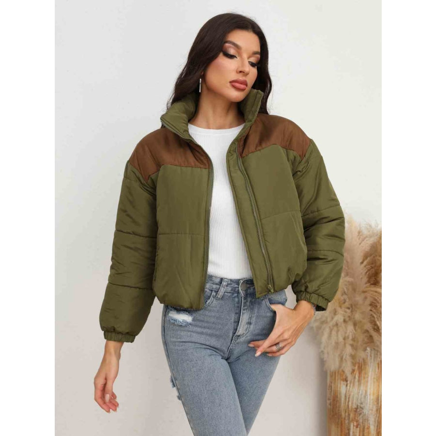 Two-Tone Zip-Up Puffer Jacket Army Green / S