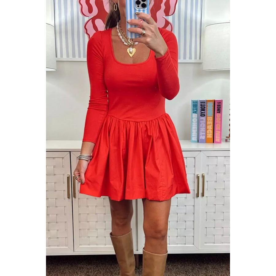 U Neck Long Sleeve Fit and Flare Mini Dress Apparel and Accessories