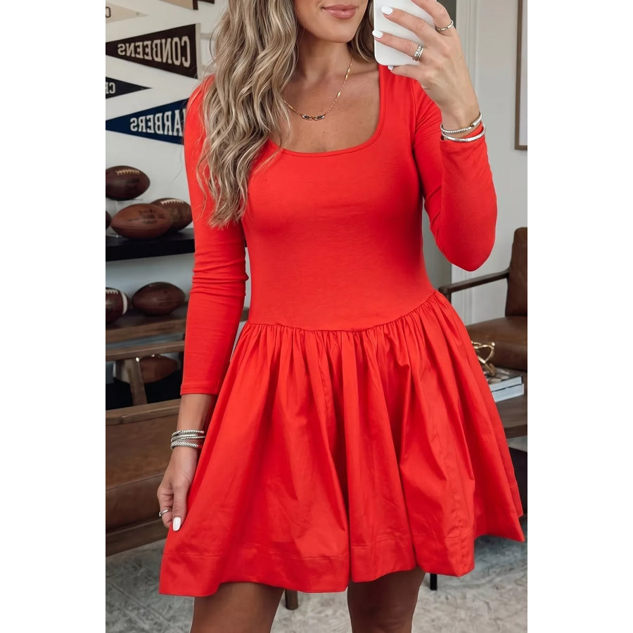 U Neck Long Sleeve Fit and Flare Mini Dress Red / S Apparel and Accessories