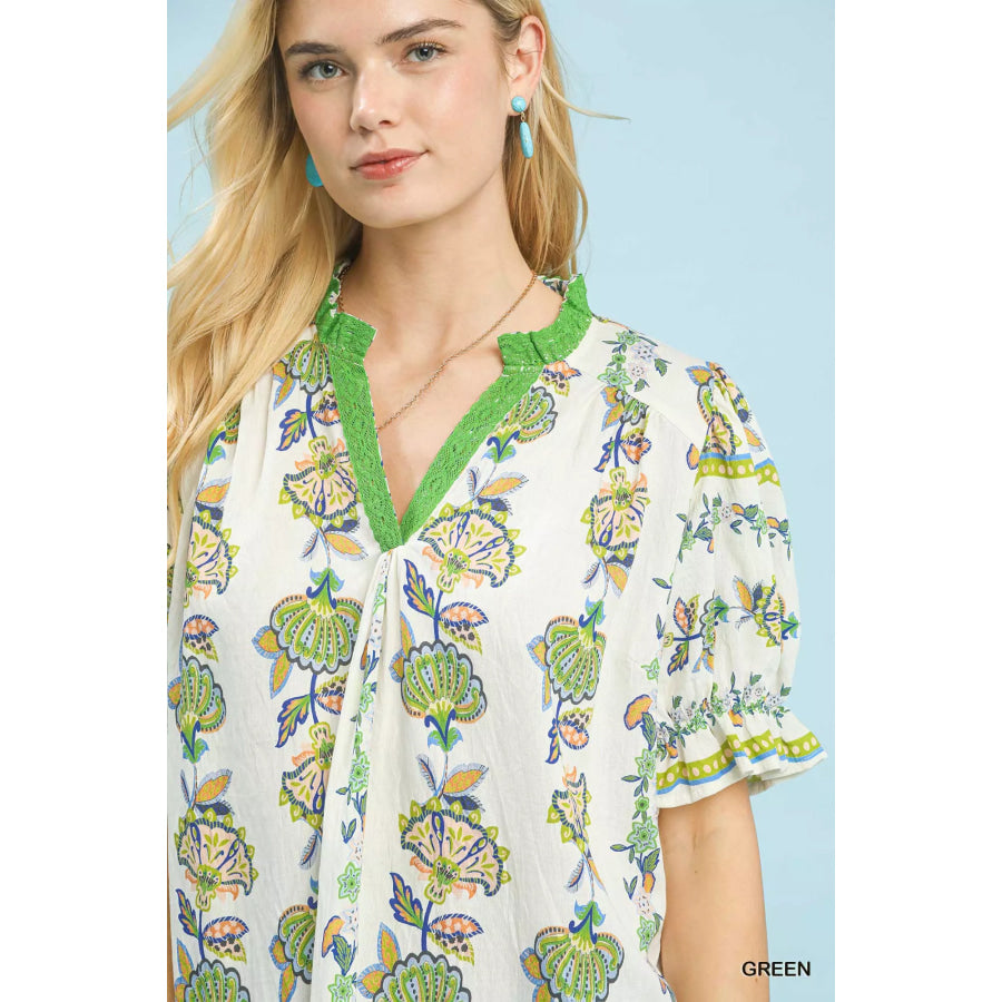 Umgee Abstract Border Print V-Neck Top Apparel and Accessories