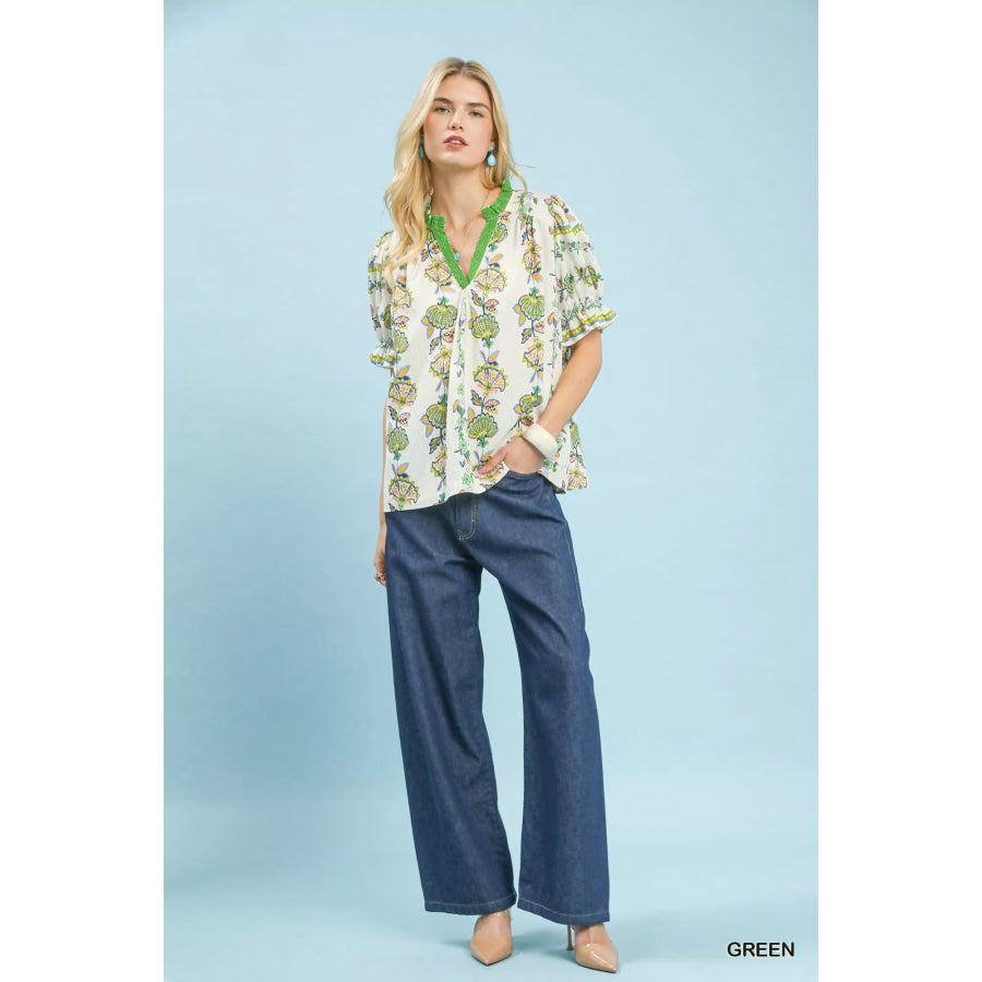 Umgee Abstract Border Print V-Neck Top Apparel and Accessories