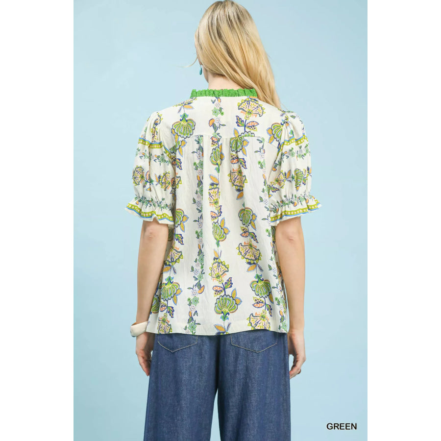 Umgee Abstract Border Print V-Neck Top Apparel and Accessories