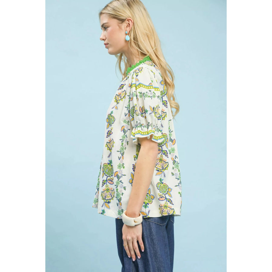 Umgee Abstract Border Print V-Neck Top Apparel and Accessories