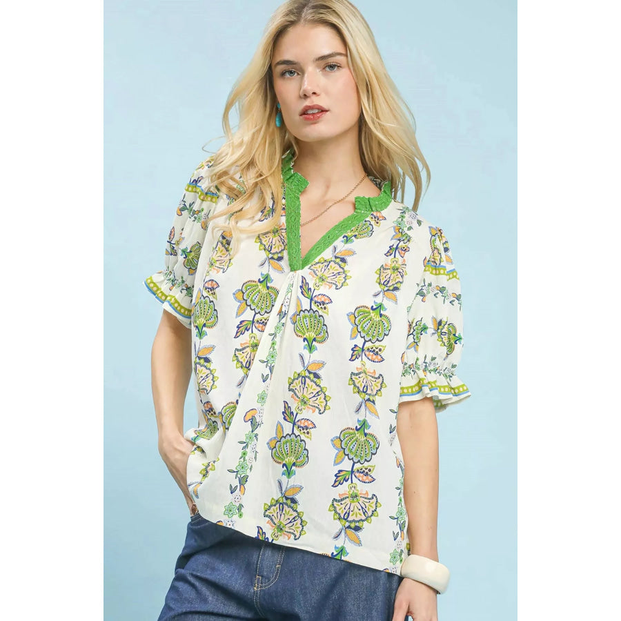 Umgee Abstract Border Print V-Neck Top GREEN / S Apparel and Accessories