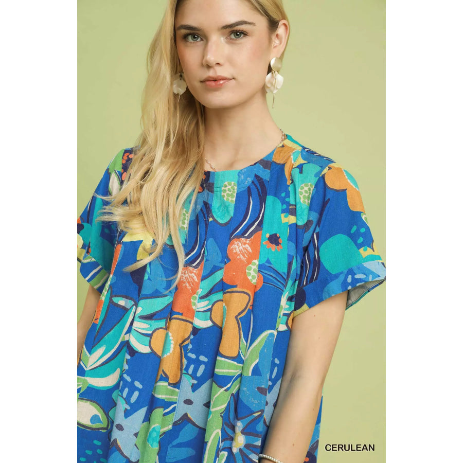 Umgee Abstract Floral Pleated Blouse Apparel and Accessories