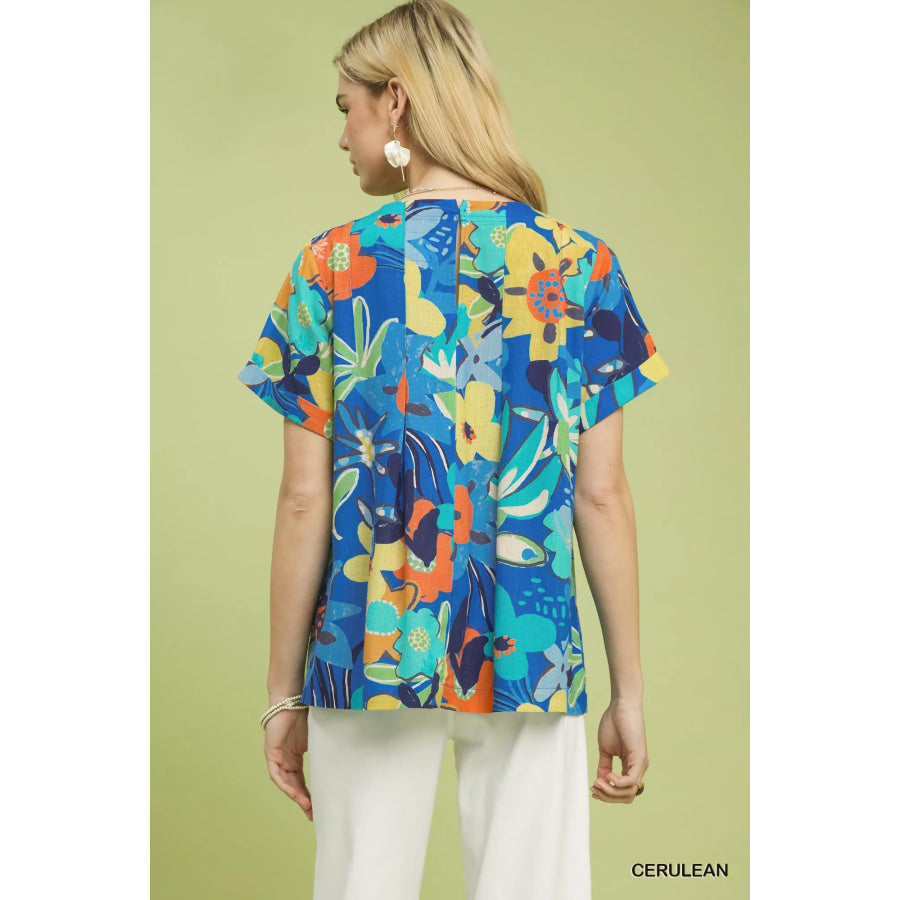 Umgee Abstract Floral Pleated Blouse Apparel and Accessories