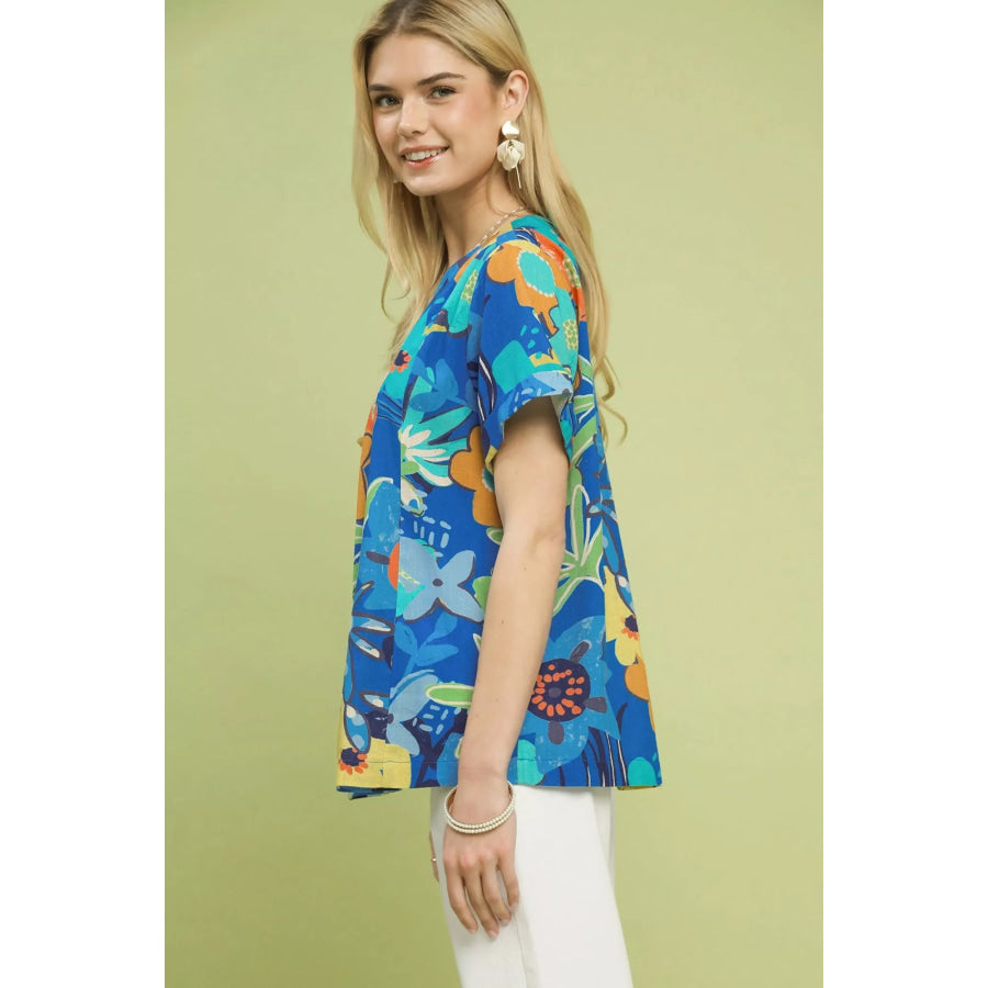 Umgee Abstract Floral Pleated Blouse CERULEAN / S Apparel and Accessories