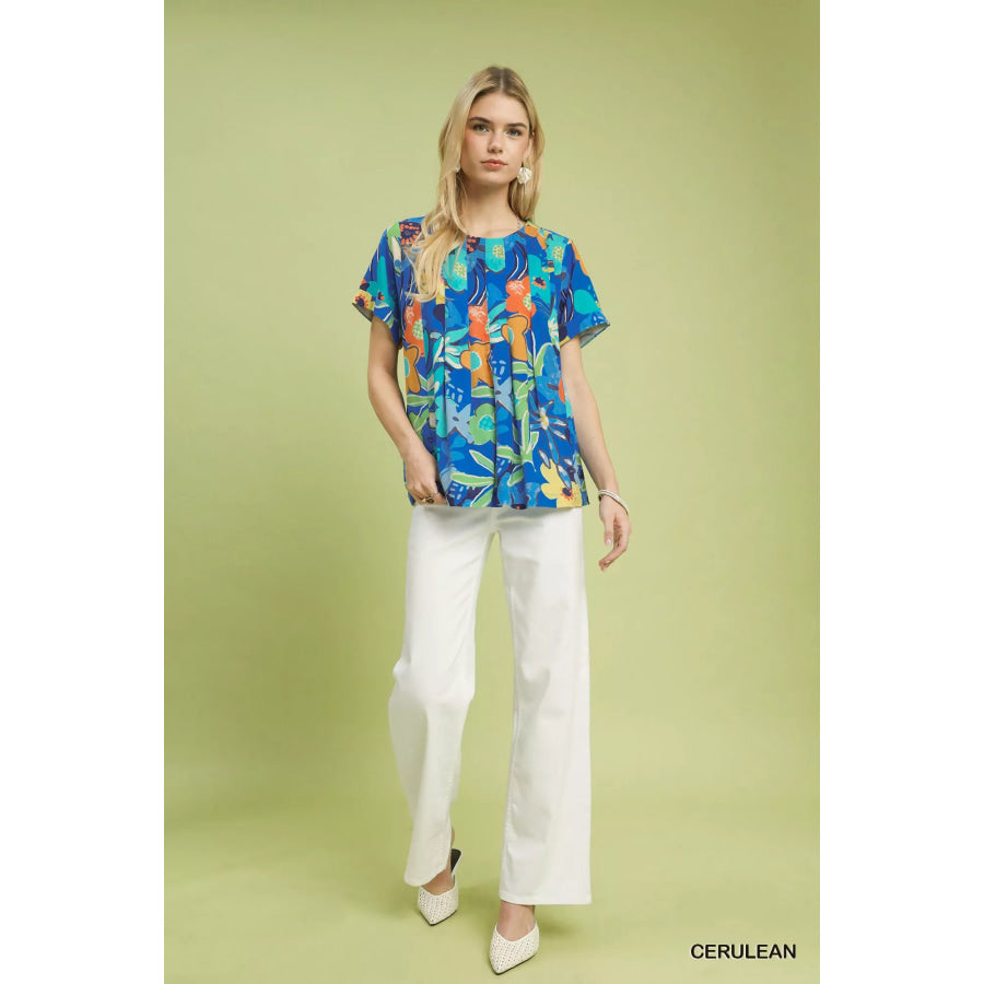 Umgee Abstract Floral Pleated Blouse Apparel and Accessories