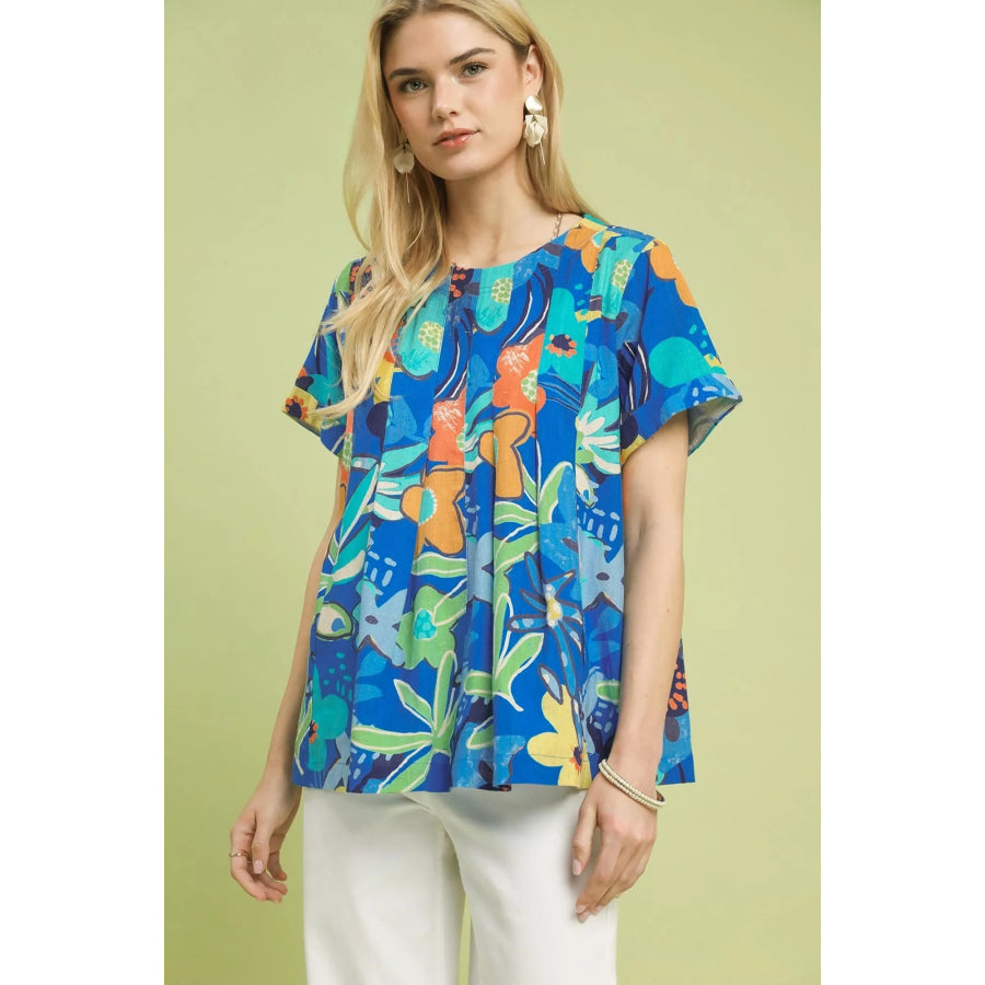 Umgee Abstract Floral Pleated Blouse CERULEAN / S Apparel and Accessories