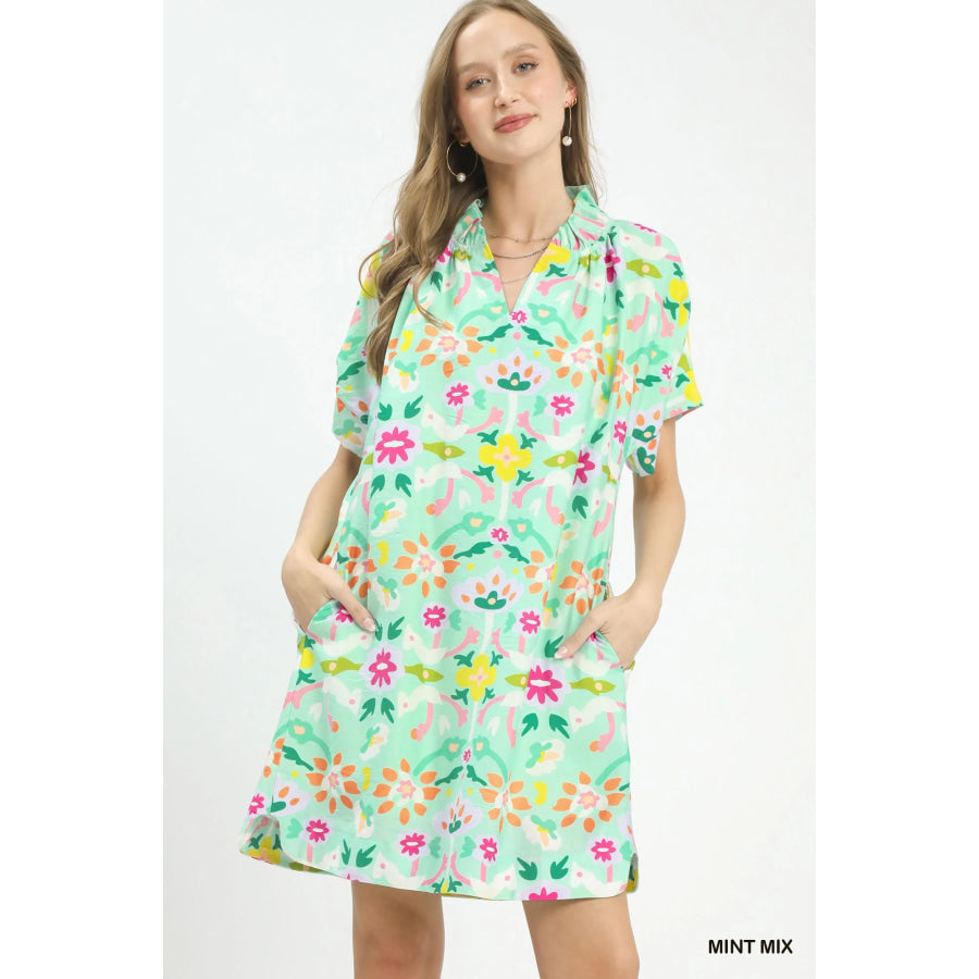 Umgee Abstract Floral Shift Dress MINT MIX / S Apparel and Accessories