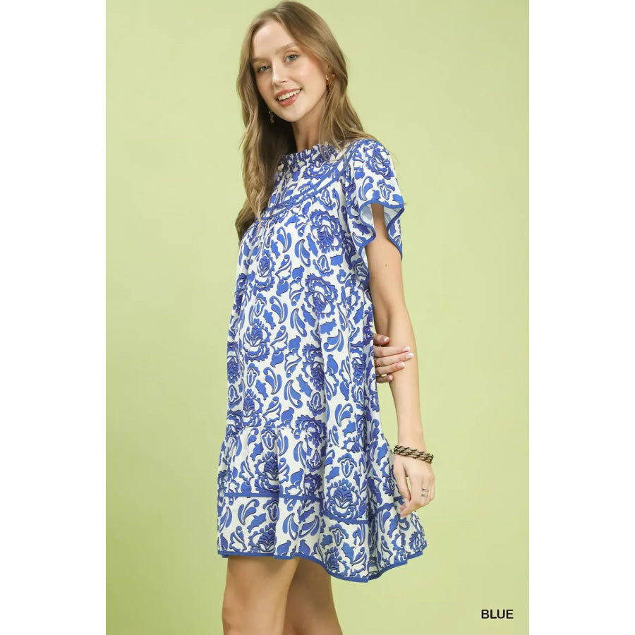 Umgee Abstract Print Babydoll Mini Dress BLUE / S Apparel and Accessories