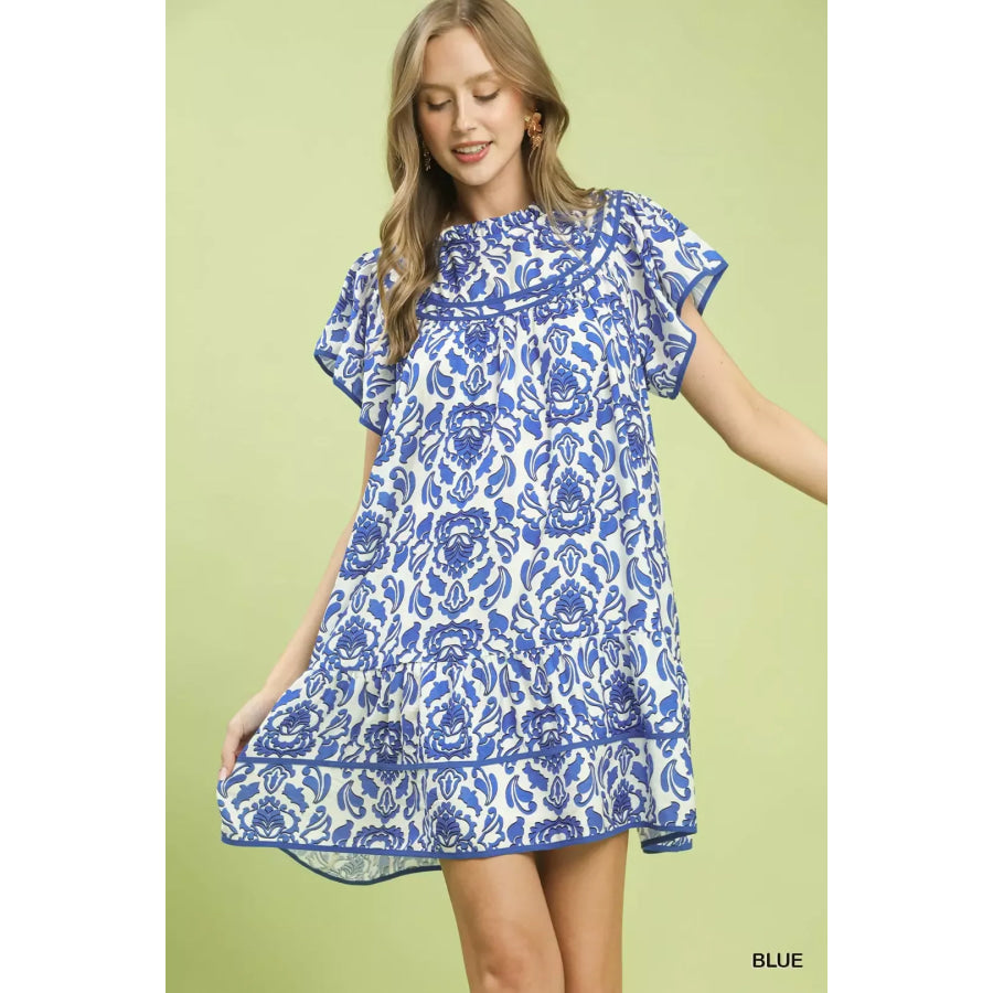 Umgee Abstract Print Babydoll Mini Dress BLUE / S Apparel and Accessories