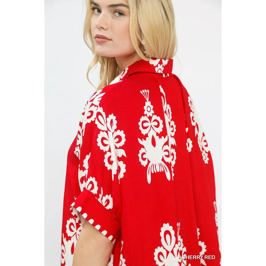 Umgee Abstract Print Button Down Short Sleeve Shirt Apparel and Accessories