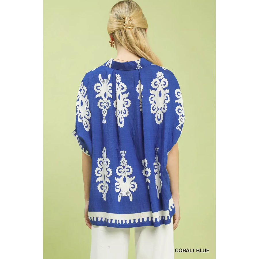Umgee Abstract Print Button Down Short Sleeve Shirt Apparel and Accessories
