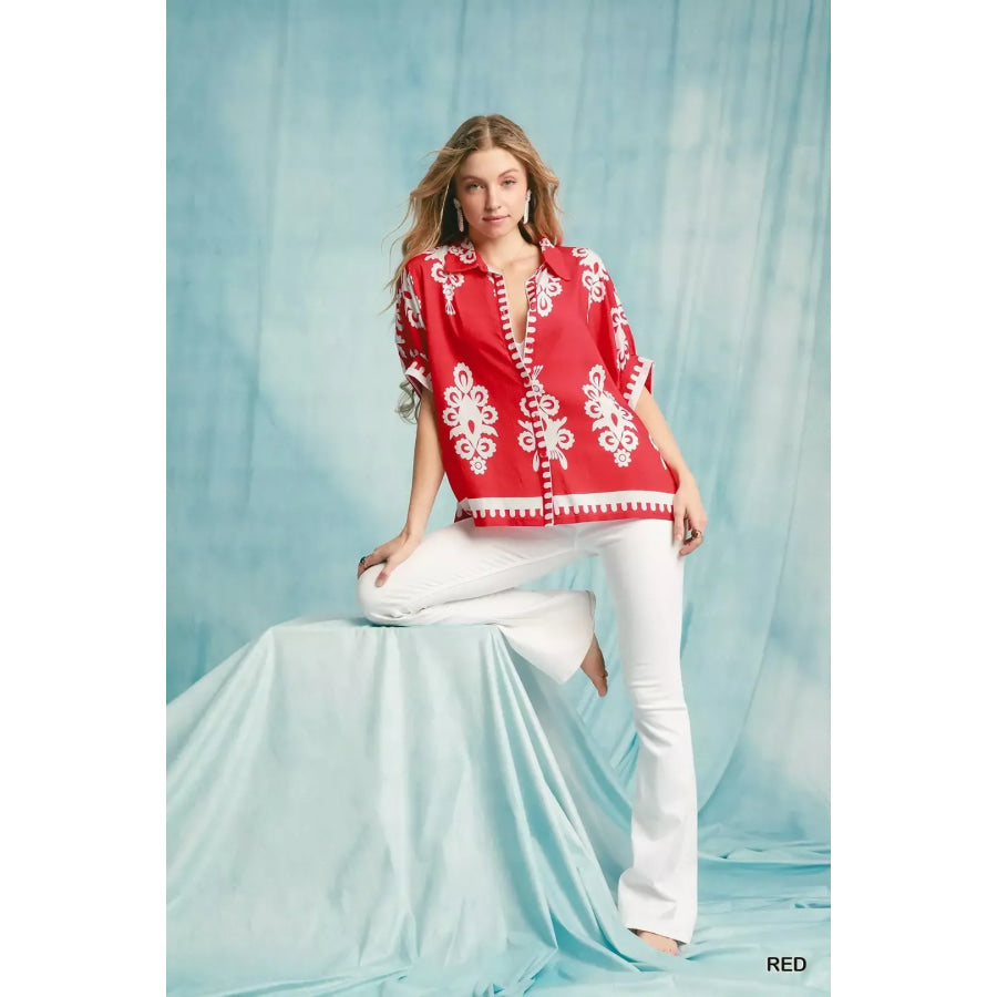 Umgee Abstract Print Button Down Short Sleeve Shirt Apparel and Accessories