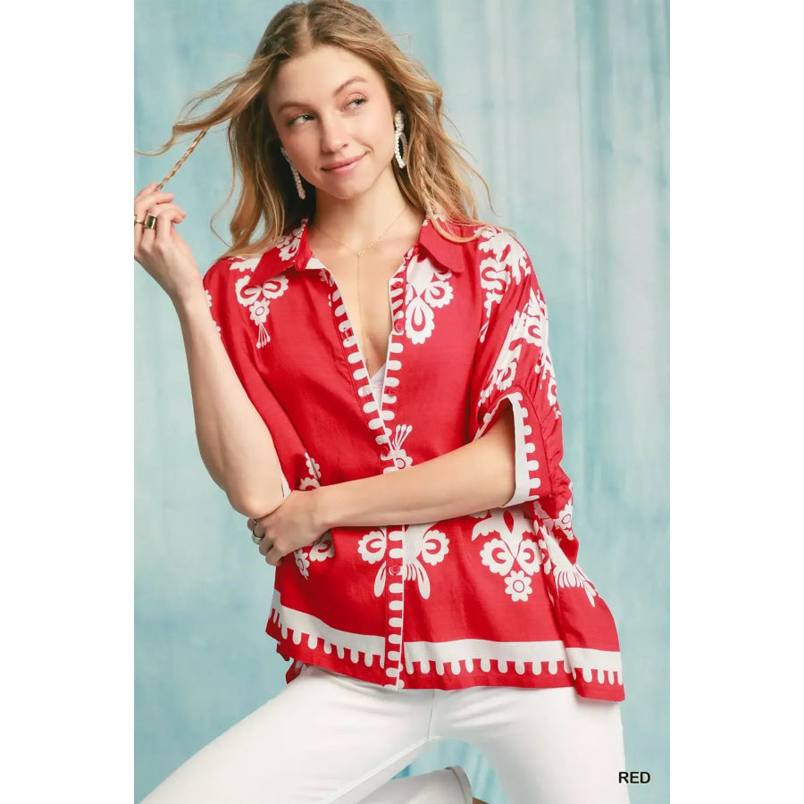 Umgee Abstract Print Button Down Short Sleeve Shirt Apparel and Accessories