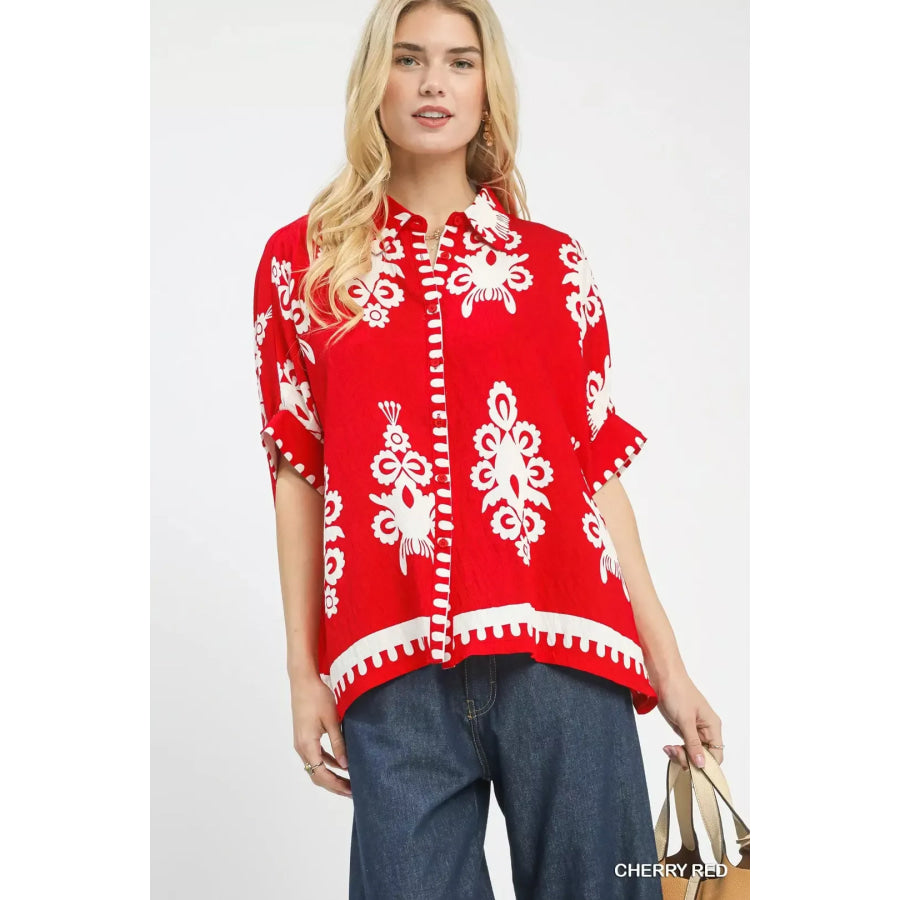 Umgee Abstract Print Button Down Short Sleeve Shirt CHERRY RED / S Apparel and Accessories