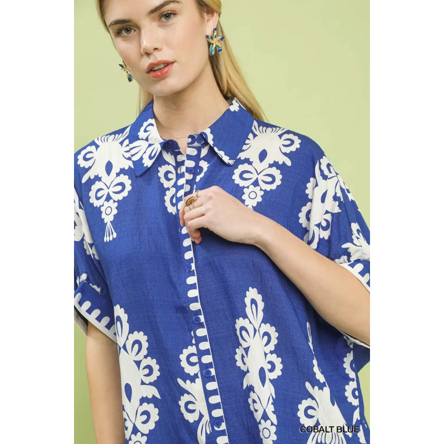 Umgee Abstract Print Button Down Short Sleeve Shirt COBALT BLUE / S Apparel and Accessories
