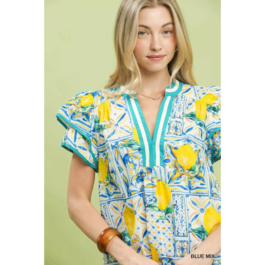 Umgee Abstract Print Flutter Sleeve Blouse Apparel and Accessories