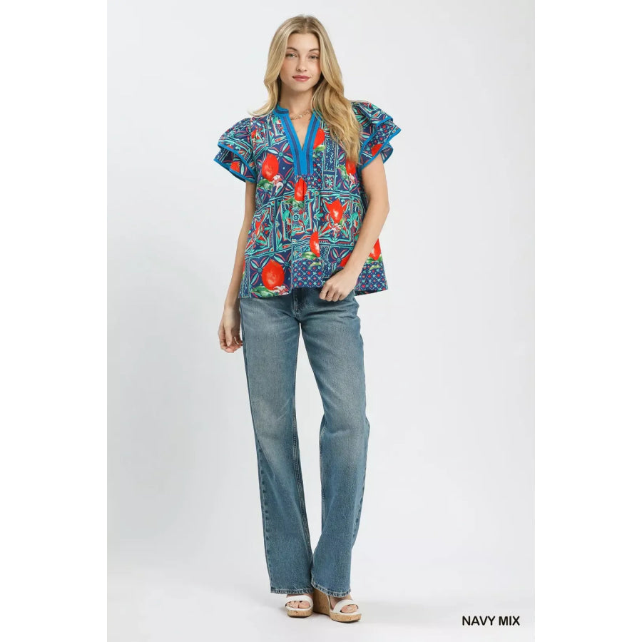 Umgee Abstract Print Flutter Sleeve Blouse Apparel and Accessories