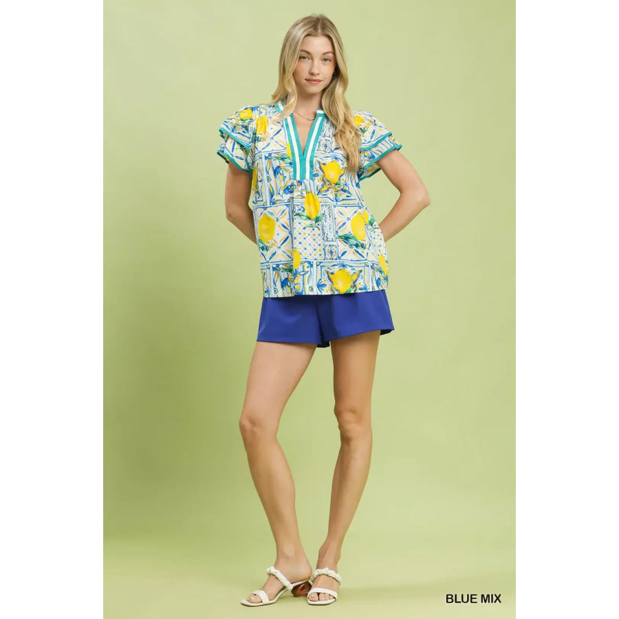 Umgee Abstract Print Flutter Sleeve Blouse Apparel and Accessories
