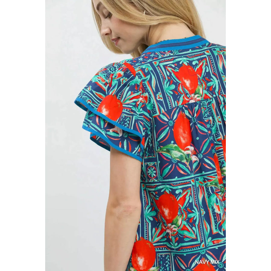 Umgee Abstract Print Flutter Sleeve Blouse Apparel and Accessories